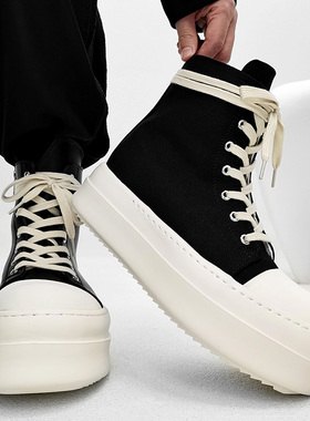 高帮松糕厚底板鞋男美式Ro高街拉链帆布马丁靴女增高机车德比靴潮