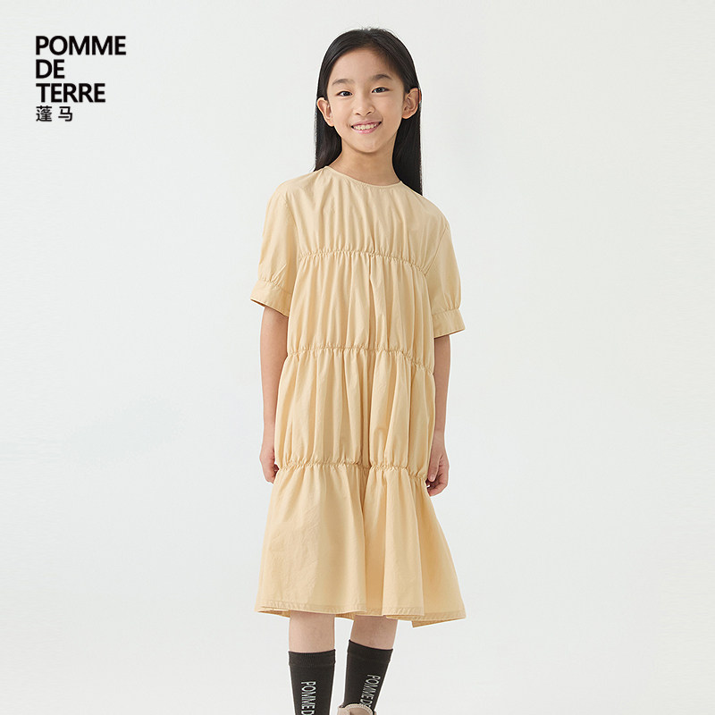 蓬马大童连衣裙短袖蛋糕裙棉质微皱春夏装女儿童pomme de terre