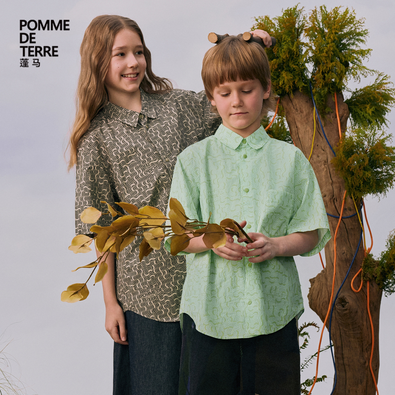 蓬马大童衬衫短袖棉质开衫碎花纯色春夏装男女儿童pomme de terre