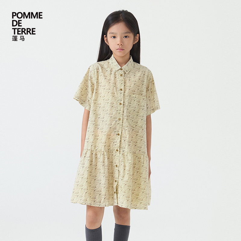 [新款]蓬马大童连衣裙短袖衬衫领棉质25夏装女儿童pomme de terre