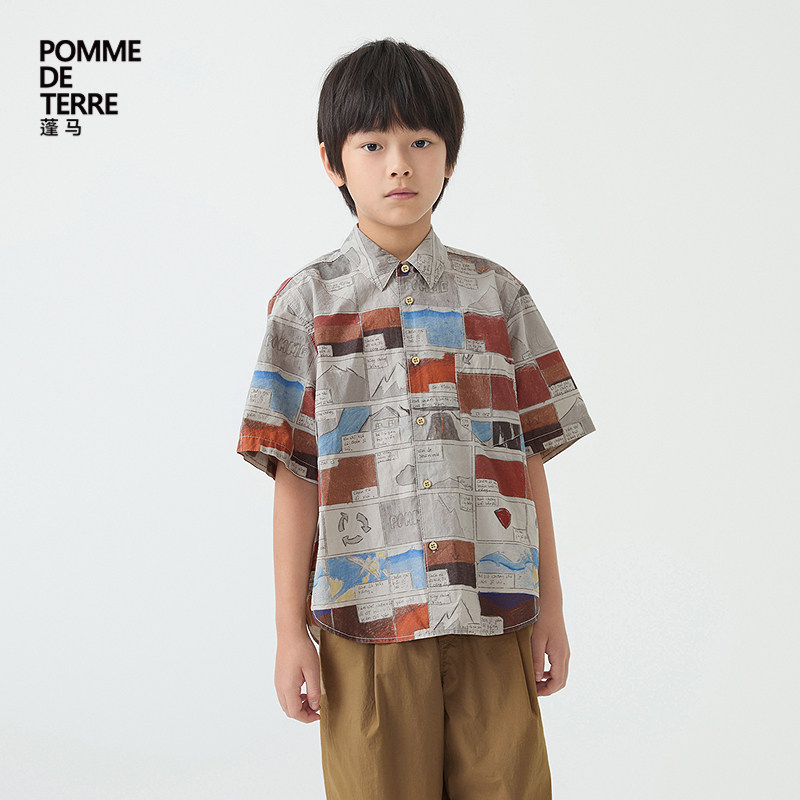 蓬马大童衬衫短袖漫画满底花棉质春夏装男女儿童pomme de terre