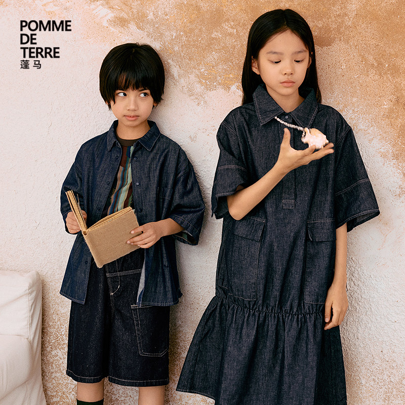 蓬马大童牛仔连衣裙短袖棉质褶皱柔软春夏装女儿童pomme de terre