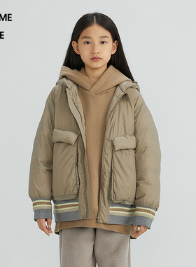 蓬马大童羽绒服连帽大口袋下摆拼色秋冬装男女儿童pomme de terre