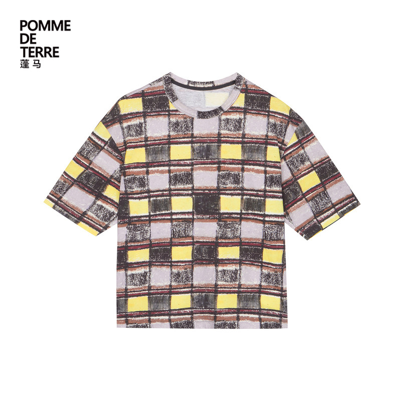 蓬马大童T恤短袖棉质复古格纹印花春秋装男女儿童pomme de terre
