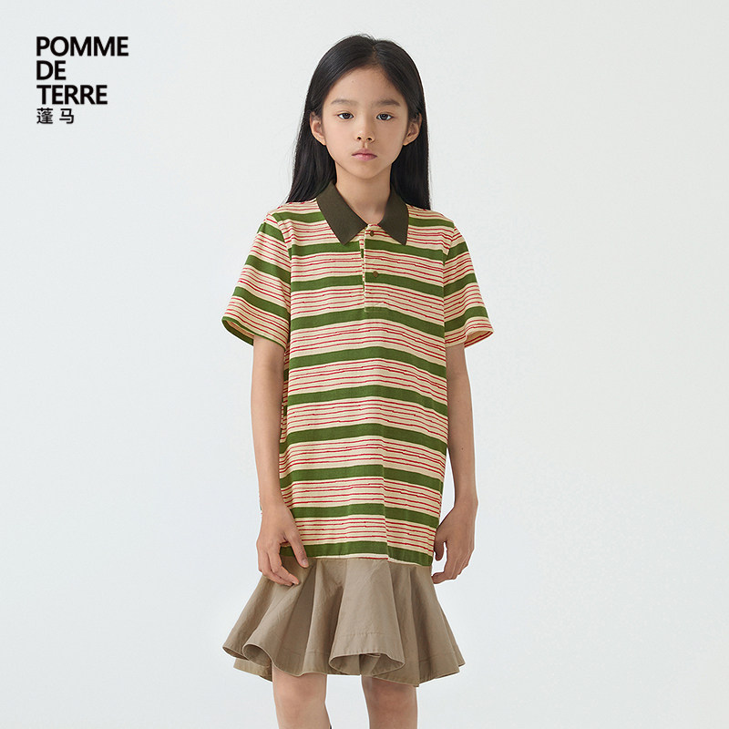 蓬马大童连衣裙短袖polo领条纹棉质春夏装女儿童pomme de terre