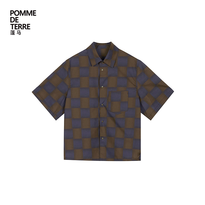 蓬马大童衬衫中袖棉弹力府绸渐变格纹春装男女儿童pomme de terre