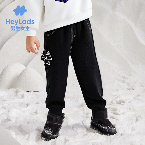 男生女生男小童黑色牛仔卡通贴布明线装饰长裤NPNEJ43211A