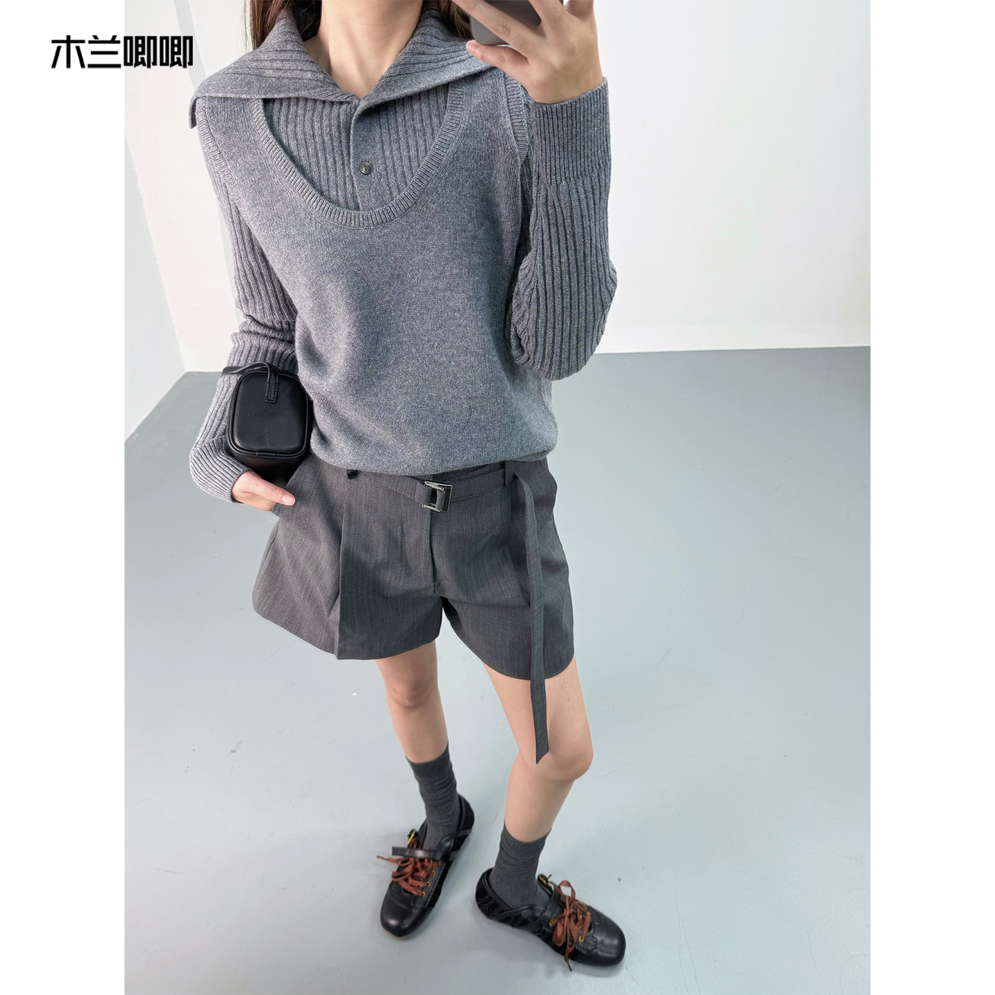 木兰唧唧 25冬新灰色翻领假两件女纯羊毛毛衣打底衫针织上衣