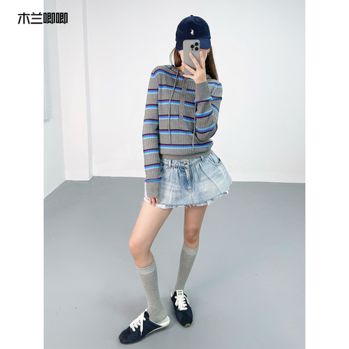 木兰唧唧 早春新款条纹帽子针织衫长袖内搭外穿宽松毛衣上衣女