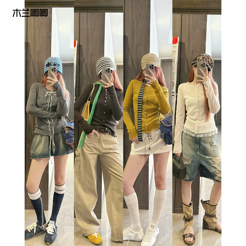 木兰唧唧 纯羊毛斜扣卷边长袖针织开衫女保暖秋冬多色羊毛衫打底