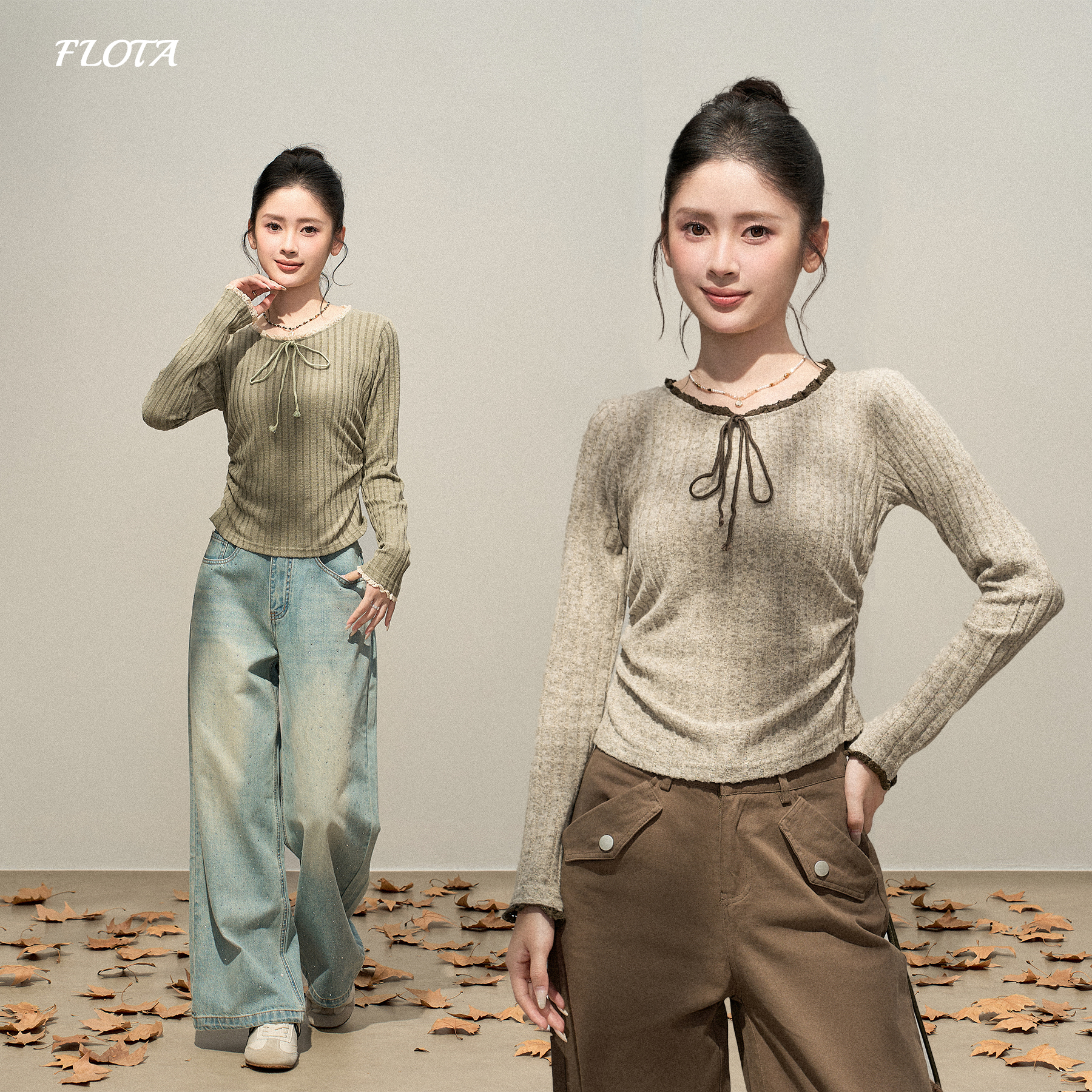 韩系简约百搭绑带蝴蝶结长袖打底衫纯色竖坑条修身显瘦短款上衣女