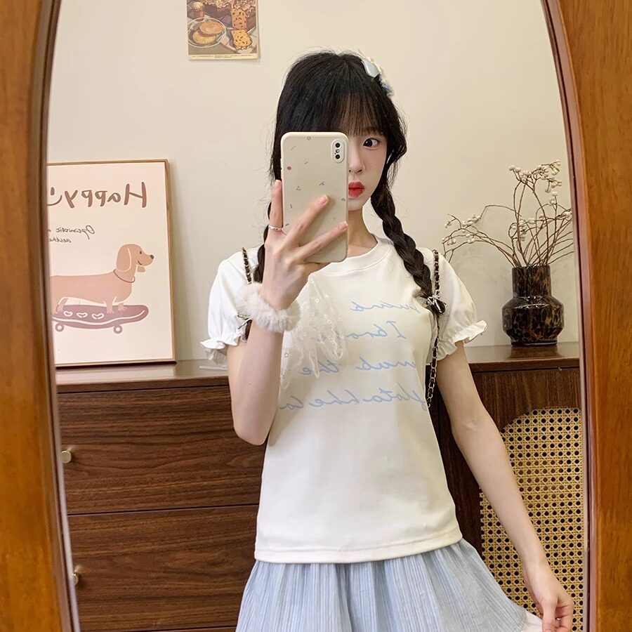 红续法式甜美字母蕾丝绑带白色正肩短袖T恤女别致修身短上衣2025