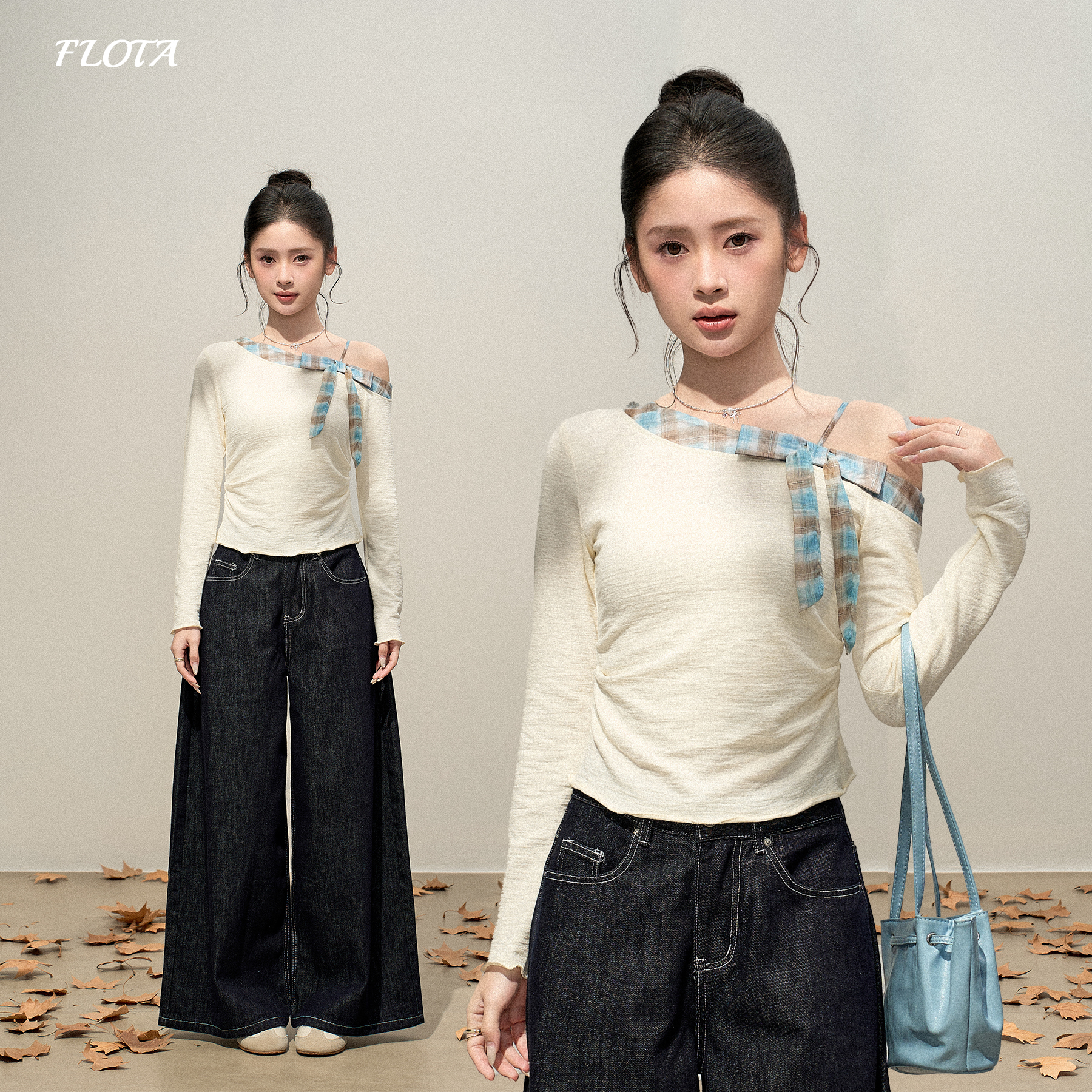 独特别致格纹蝴蝶结斜肩长袖T恤新款修身显瘦纯欲辣妹短款上衣女