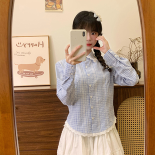 红续韩系甜美蕾丝拼接蓝色格纹polo长袖 衬衫 女小个子显瘦衬衣新款