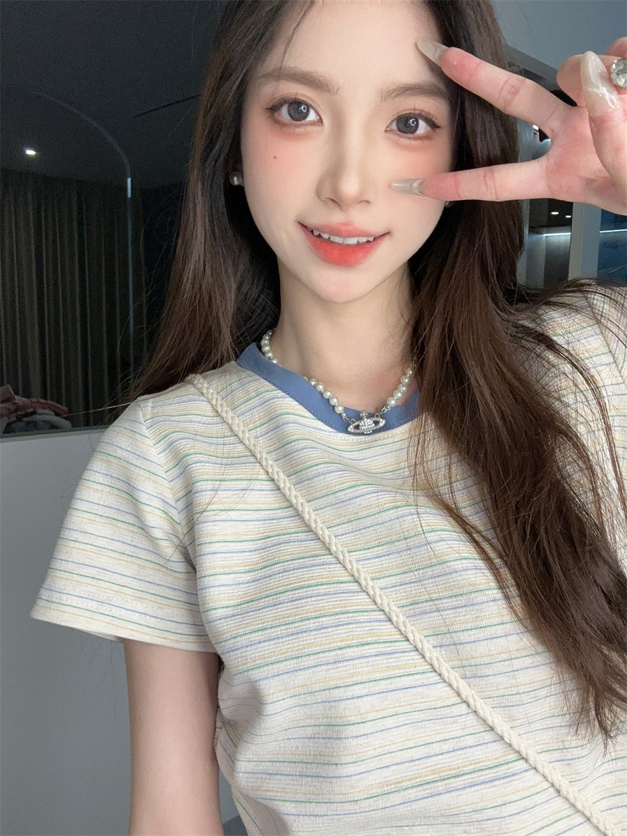 红续日系学院风撞色条纹短袖T恤女小个子短款不露腰上衣夏季新款