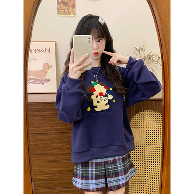 植绒狗狗藏青色加绒圆领卫衣女