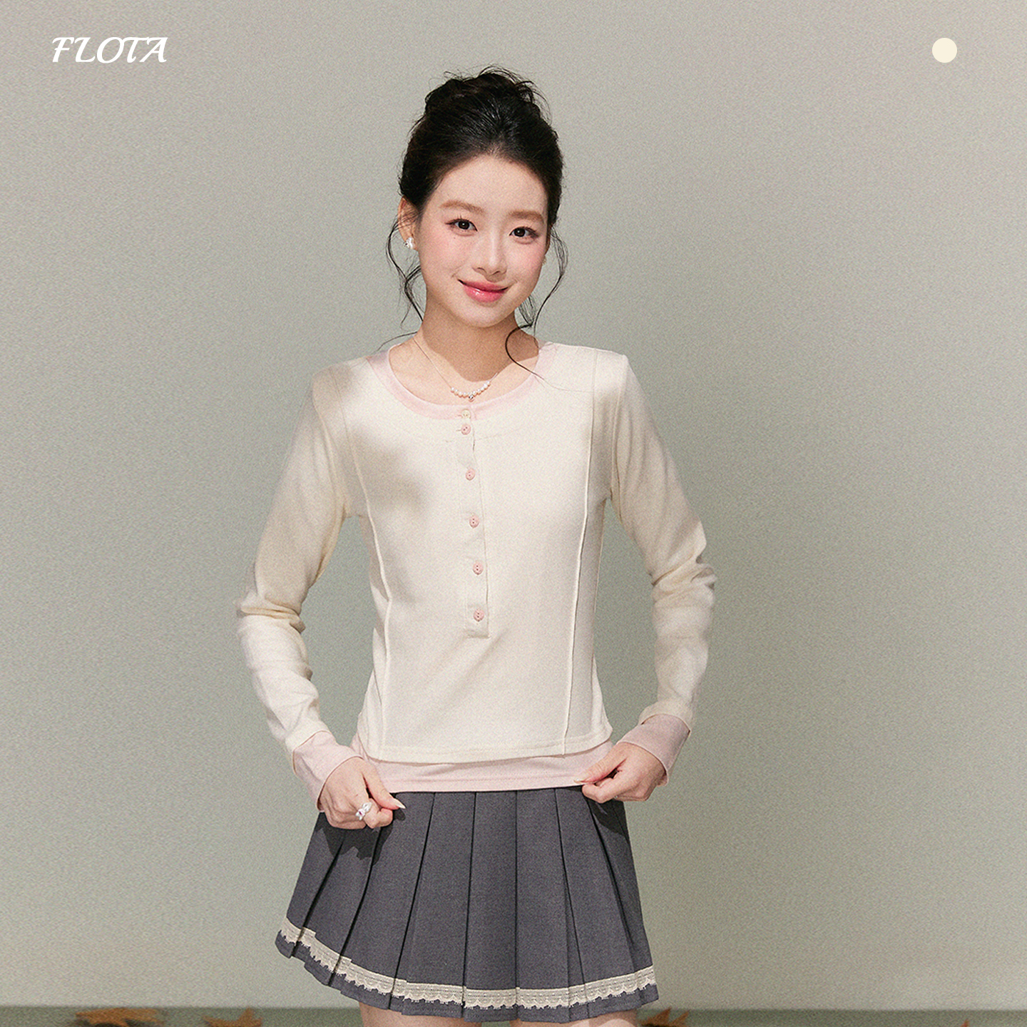 韩系减龄撞色假两件纽扣长袖T恤修身显瘦休闲通勤内搭打底衫上衣