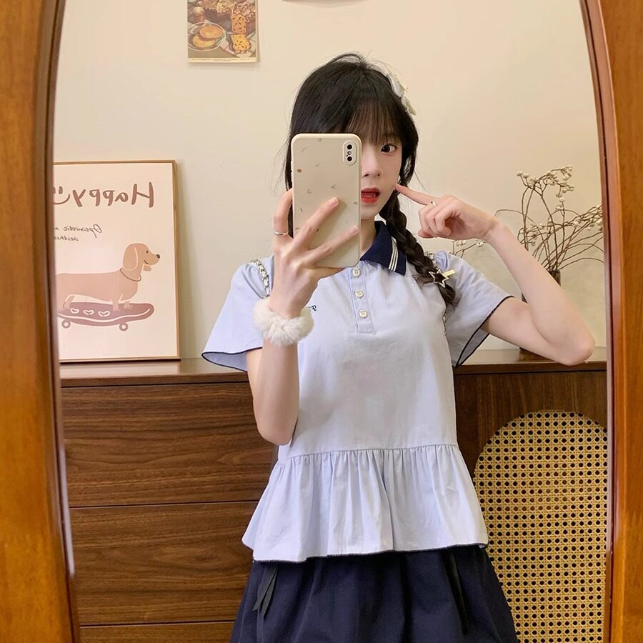 红续小个子刺绣荷叶边条纹polo领短袖T恤女日系小清新蓝色短上衣
