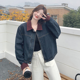 撞色拼接翻领牛仔外套女2025春季新款复古设计感休闲时尚短款夹克，女装牛仔外套，2C109