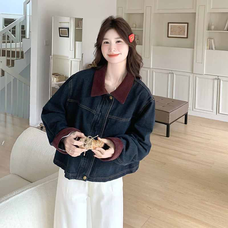 撞色拼接翻领牛仔外套女2025春季新款复古设计感休闲时尚短款夹克,女装牛仔外套,2C109