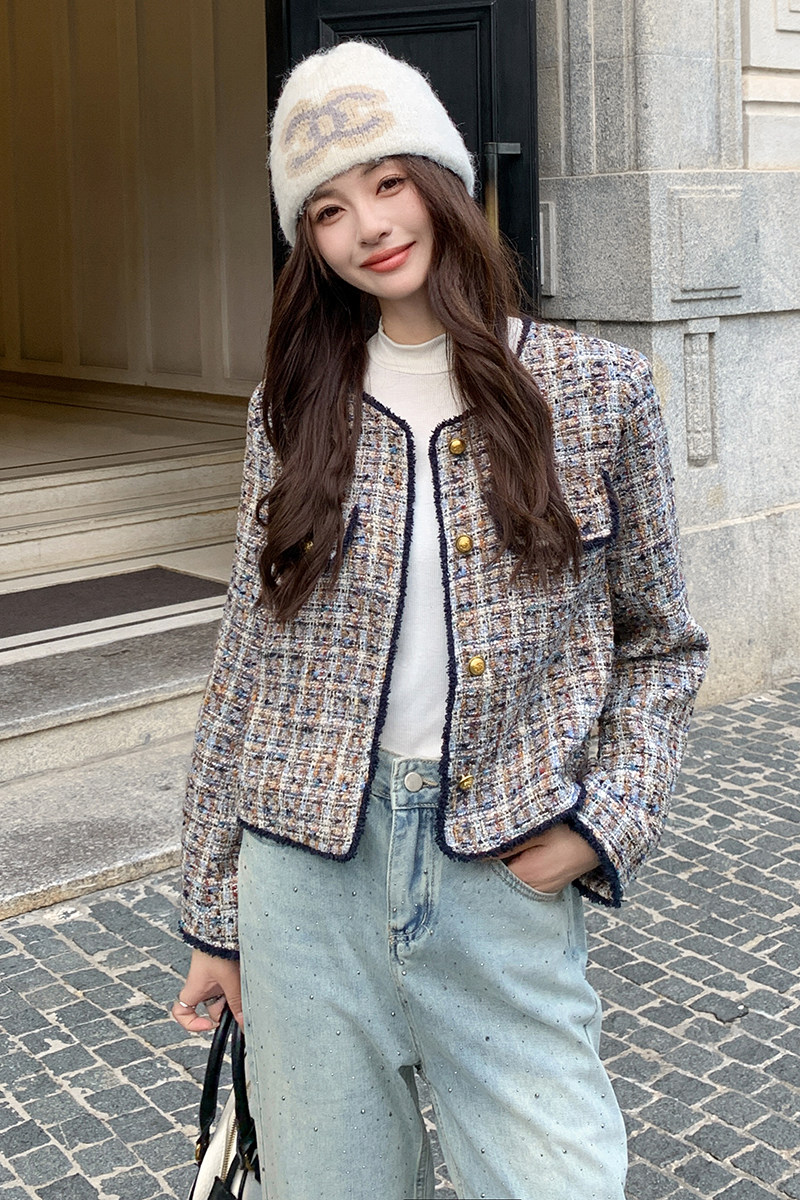 蓝色格子小香风外套女2025秋新款设计感超好看超火气质小个子上衣图片