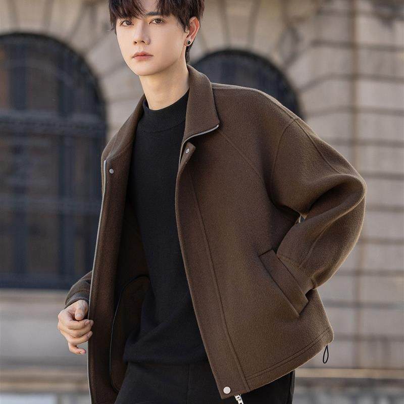 100%羊毛呢子夹克外套男士2025新款双面妮子宽松翻领毛呢大衣短款
