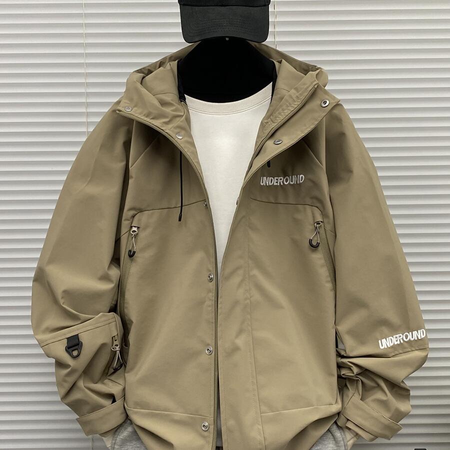 机能工装冲锋衣男士春秋季装大码oversize青少年刺绣连帽夹克外套