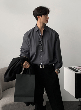 特价清仓西装衬衫男秋冬季纯色免烫宽松成熟高级感商务黑灰色衬衣