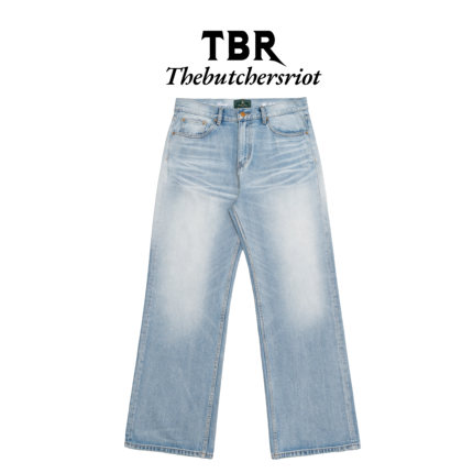 TBR x haonanhuang 奶白水洗蓝渐变立体猫须蜂窝宽松直筒牛仔裤