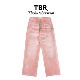 TBR 型牛仔裤 双膝5连扣粉色水洗做旧泼墨伐木裤 宽松直筒版