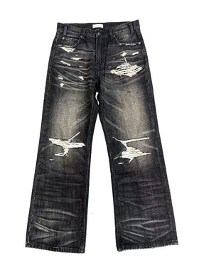 TBR 牛王系列04 水洗鬼爪猫须破坏宽松直筒牛仔裤