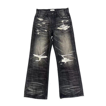 TBR 牛王系列04 水洗鬼爪猫须破坏宽松直筒牛仔裤