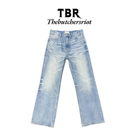 TBR重置内华达水洗飘逸猫须蜂窝冰蓝501宽松版直筒cleanfit牛仔裤
