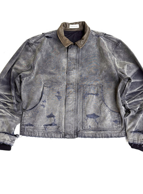 TBR 水洗做旧j22黑灰紫纱破坏皮领帆布夹克短宽版型薄款