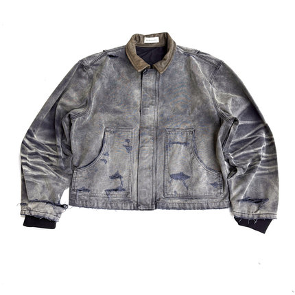 TBR 水洗做旧j22黑灰紫纱破坏皮领帆布夹克短宽版型薄款