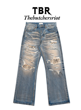 TBR 蛇年限定牛王 赤耳雪花底色内华达水洗破坏宽松直筒牛仔裤