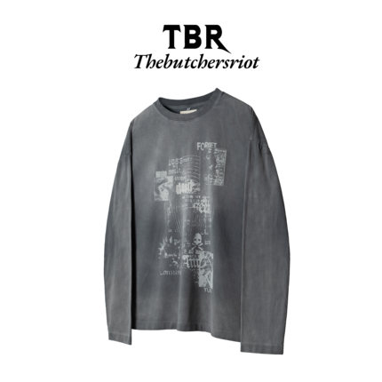 TBR 水洗日晒渐变单缝线乐队印花长袖tee短宽版型T恤