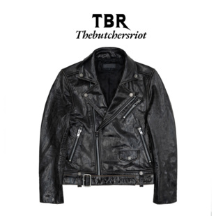 TBR 爆裂羊皮铜氨丝黑棕斜拉链机车夹克外套合身版型夹克
