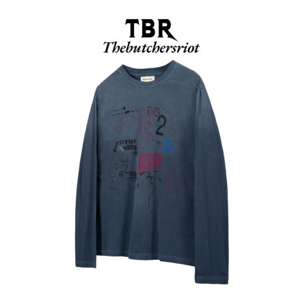 TBR雾霾蓝水洗做旧朋克乐队长袖圆领T恤