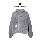 TBR 手绘印花贴布雾霾蓝水洗破坏卫衣boxy版 型卫衣