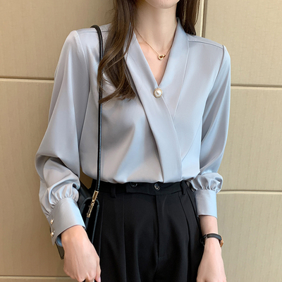 职业通勤正装公务员教师教资面试套装女蓝色长袖衬衫春夏工作服装