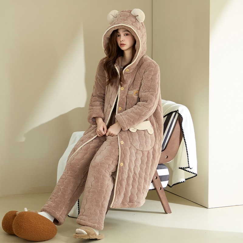 三层加厚珊瑚绒夹棉睡衣冬季女士中长款棉衣棉裤套装家居服加大码