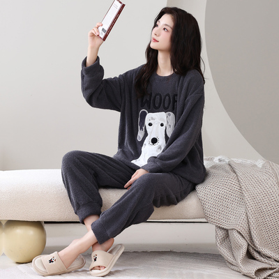 高个子加长版圆领半边绒睡衣套装