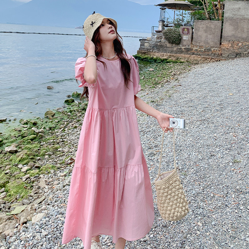 粉色连衣裙设计感小众2025夏季新款通勤风减龄文艺少女收腰A字裙图片