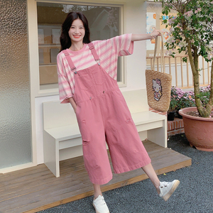 甜酷风美宽松休闲少女活力减龄裤子女2025夏季新款粉色工装背带裤图片