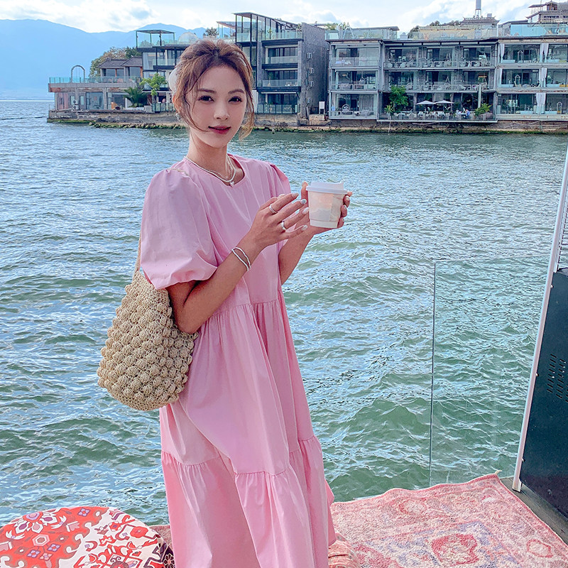 粉色连衣裙设计感小众2025夏季新款通勤风减龄文艺少女收腰A字裙,女装连衣裙,浙宝102（原188）