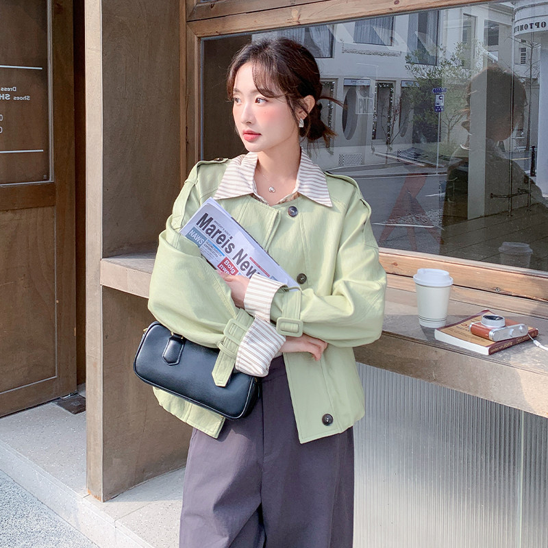 【现货】春季新款衬衫条纹领PU皮黄色外套ZB102-963款-P170-K278,女装皮衣,浙宝102（原188）