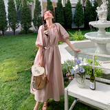 法式褶皱泡泡袖系带连衣裙女夏季2024新款设计感气质收腰A字裙子，女装连衣裙，浙宝102（原188）