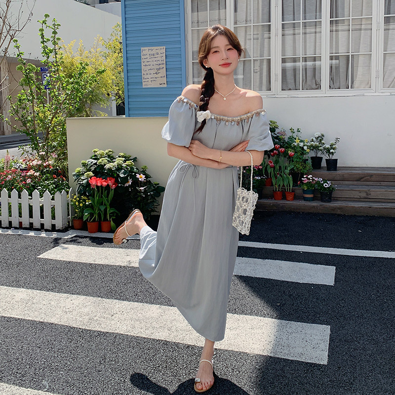 蓝色度假风泡泡袖连衣裙女2025夏新款法式今年流行收腰显瘦a字裙,女装连衣裙,浙宝102（原188）