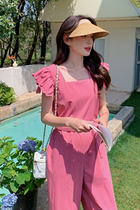 玫红色小飞袖连体裤女夏2024新款网红爆款连衣裤套装又a又飒流行图片